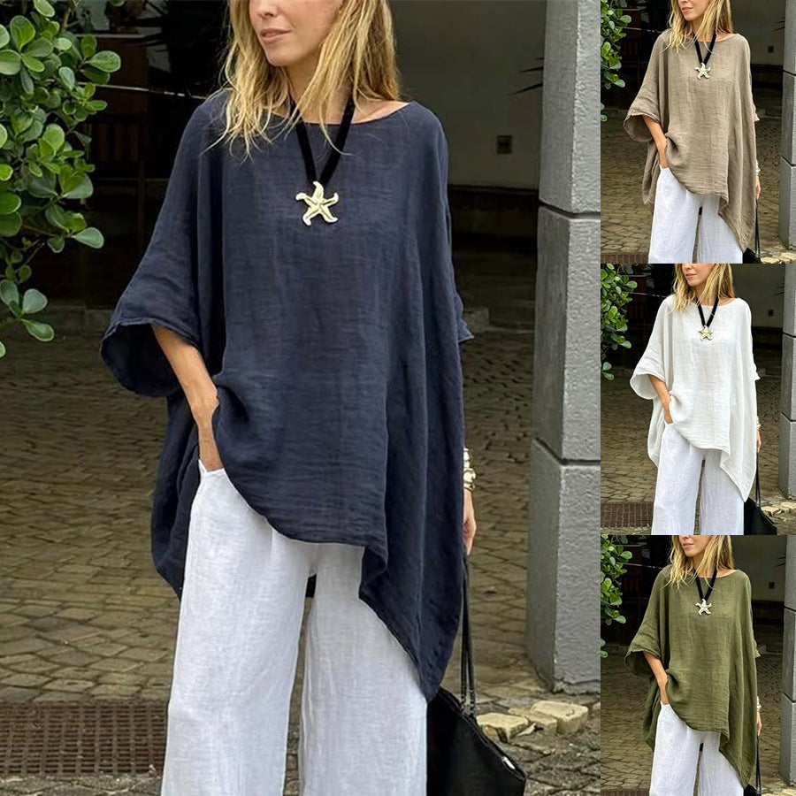Women's Irregular Hem Round Neck Casual Top - Fashion Solid Color Blouse