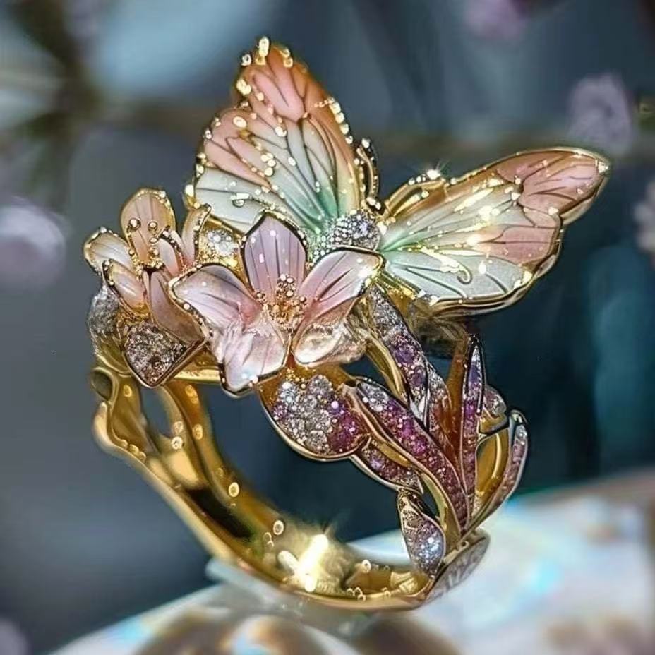 Rhinestone Butterfly Flower Ring - Adjustable & Colorful