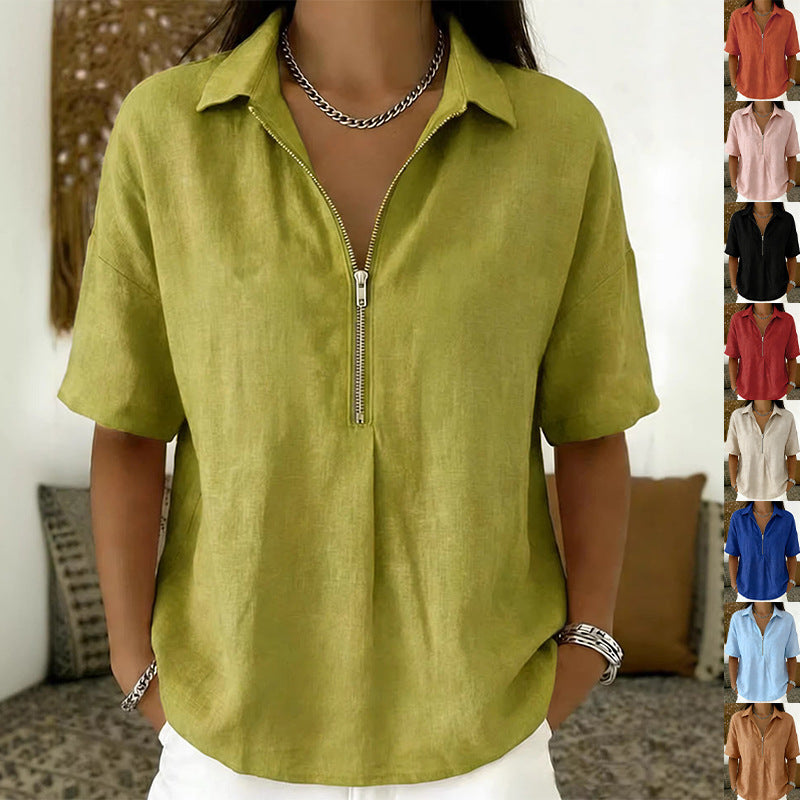 Women's Solid Color Zip-Up Short Sleeve T-Shirt - Fashion Top